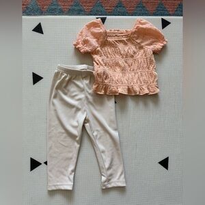 Old Navy|Baby girl short sleeve Peach Top with ruching and Cream Pants•••12-18m